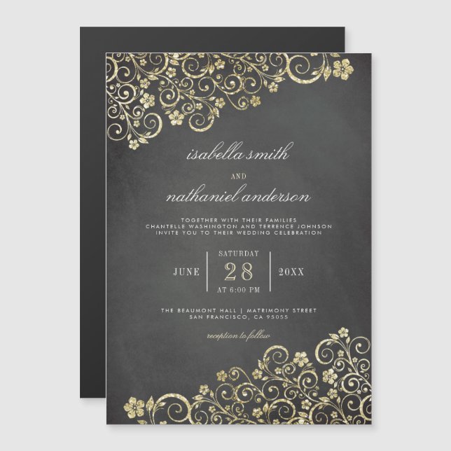 Goldverzierung auf Tafel | Moderne Hochzeit Magneteinladung (Vorne/Hinten)