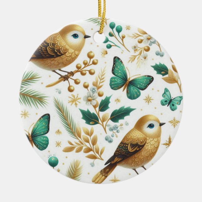 Goldvögel und Smaragdgrüne Schmetterlinge Keramik Ornament (Vorne)