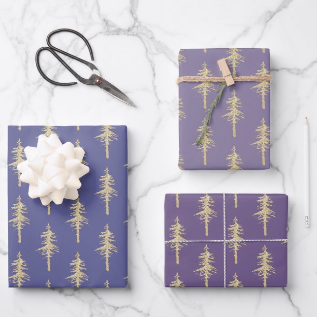Goldwald Pine Tree Forest Mulberry Lila Geschenkpapier Set (Vorderseite)