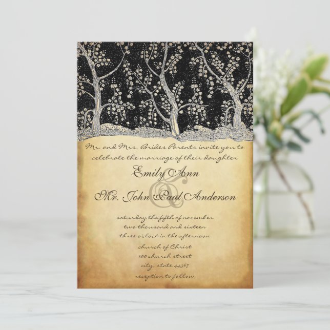 Goldwald Romantische Bäume Hochzeitseinladungen Einladung (Stehend Vorderseite)