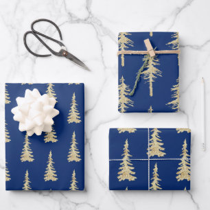 Goldwald-Spruce-Bäume auf Navy Blue Geschenkpapier Set