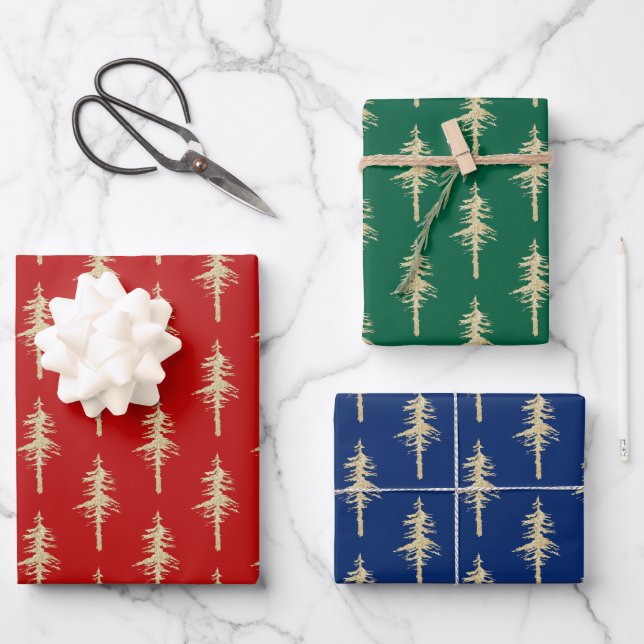 Goldwaldkiefernwald Grün Rotes Blau Geschenkpapier Set (Vorderseite)