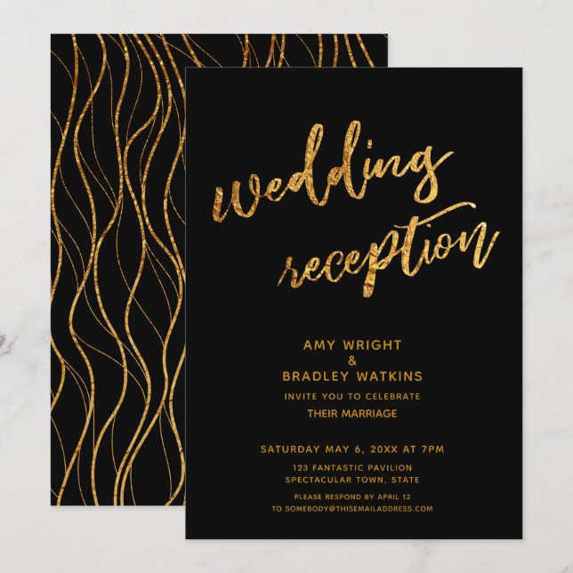 Goldwaves & Handwriting Black Wedding Reception Einladung (Vorne/Hinten)