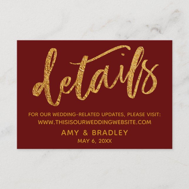 Goldwaves & Handwriting Burgundy Wedding Details Begleitkarte (Vorderseite)