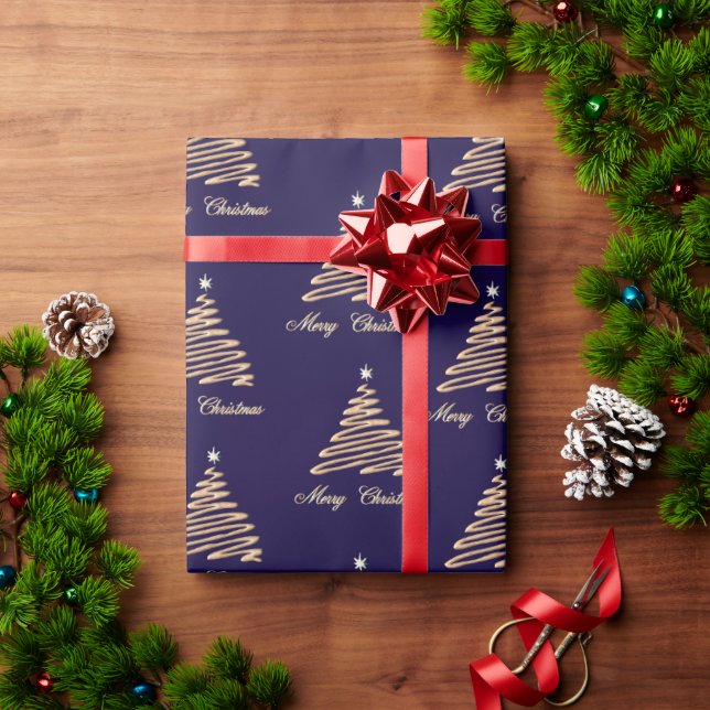 Goldweihnachtsbaum auf dem Hintergrund der Marine Geschenkpapier (Feiertagsgeschenk)
