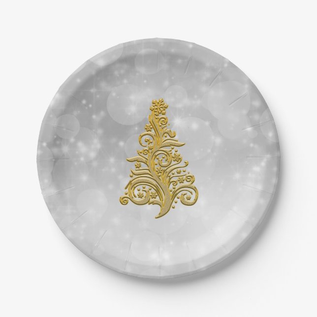 Goldweihnachtsbaum auf einem Silberhintergrund Pappteller (Vorderseite)