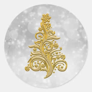 Goldweihnachtsbaum auf einem Silberhintergrund Runder Aufkleber
