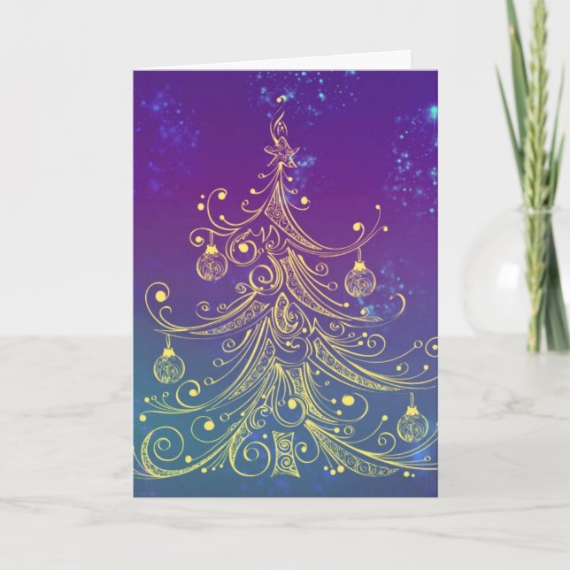 Goldweihnachtsbaum Motif Lila Aquamarin Feiertagskarte (Vorderseite)