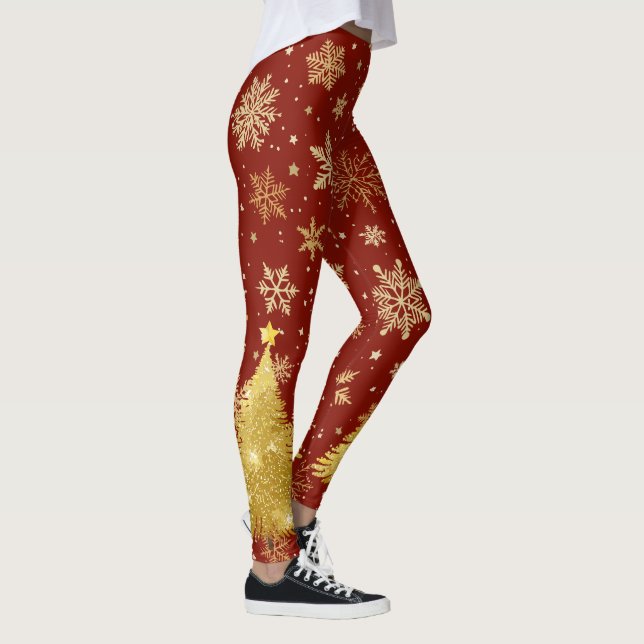 Goldweihnachtsbaum und Goldschneeflocken auf Rot Leggings (Rechts)