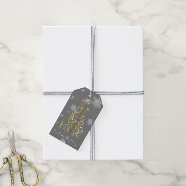 Goldweihnachtsbaum und Schneeflocken - Geschenk-Ta Geschenkanhänger (Mit Garn)