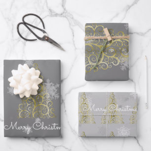 Goldweihnachtsbaum und Schneeflocken Geschenkpapier Set