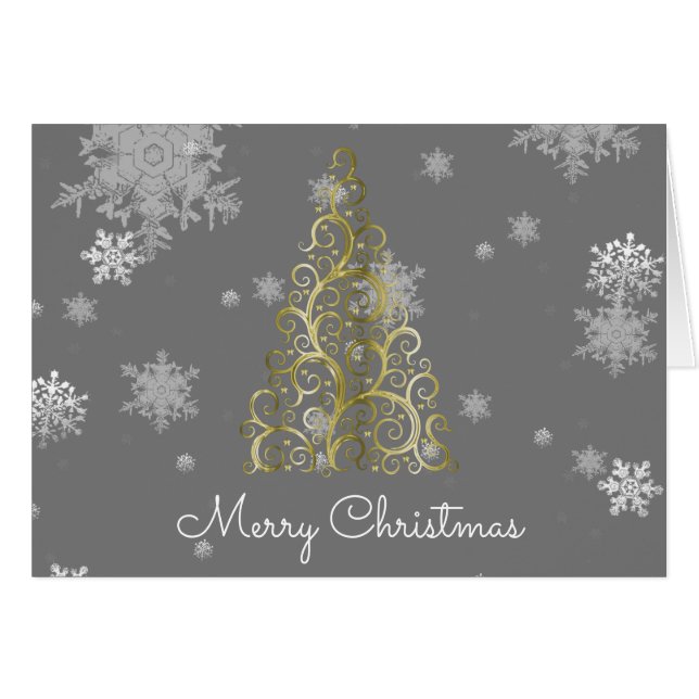 Goldweihnachtsbaum und Schneeflocken Grußkarte (Vorderseite (Horizontal))