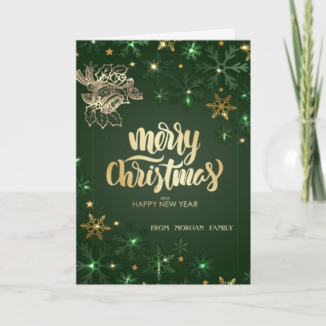 Goldweihnachtsglocke, grüne Schneeflocken Feiertagskarte (Vorderseite)