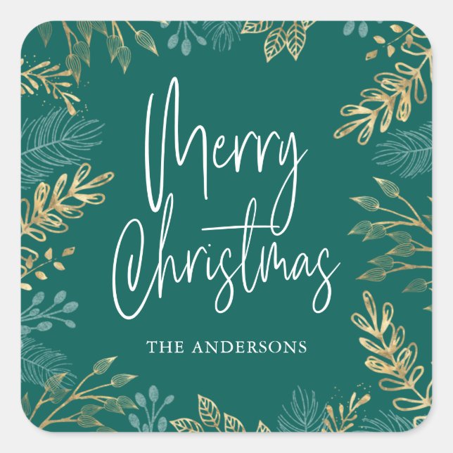 Goldweihnachtsgrün auf dunklem Aquamarinen Urlaub Quadratischer Aufkleber (Vorderseite)