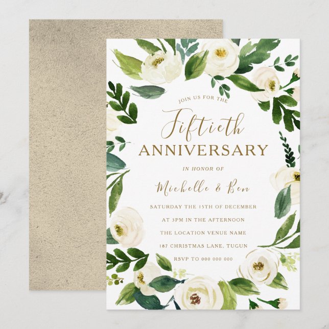 Goldweiße Blumenreste 50. Hochzeitstag Einladung (Vorne/Hinten)
