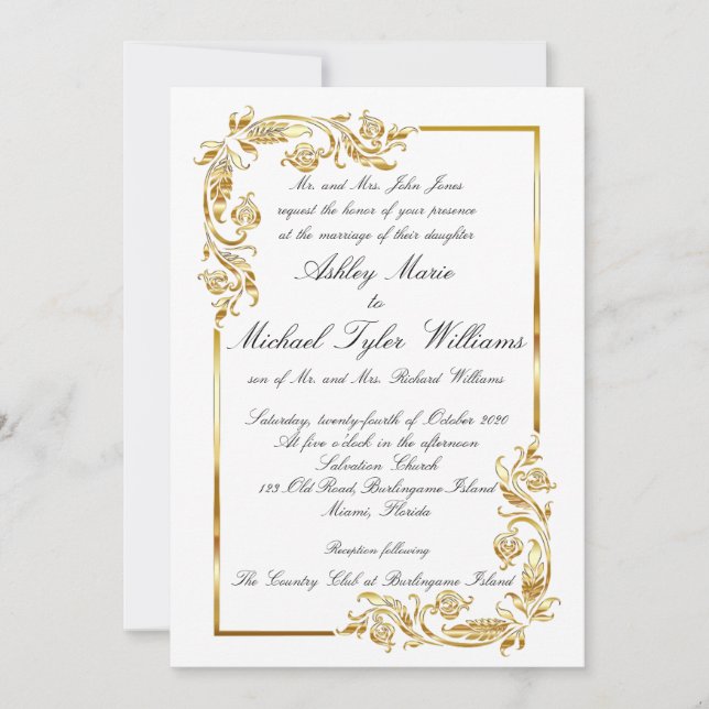 Goldweiße Elegant glamouröse feierliche Hochzeit Einladung (Vorderseite)
