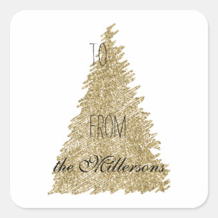 Goldweiße Glitzer Weihnachtsbaum Quadratischer Aufkleber