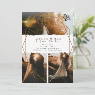 Goldweiße Minimalskripte 3 Fotos Hochzeit Save The Date
