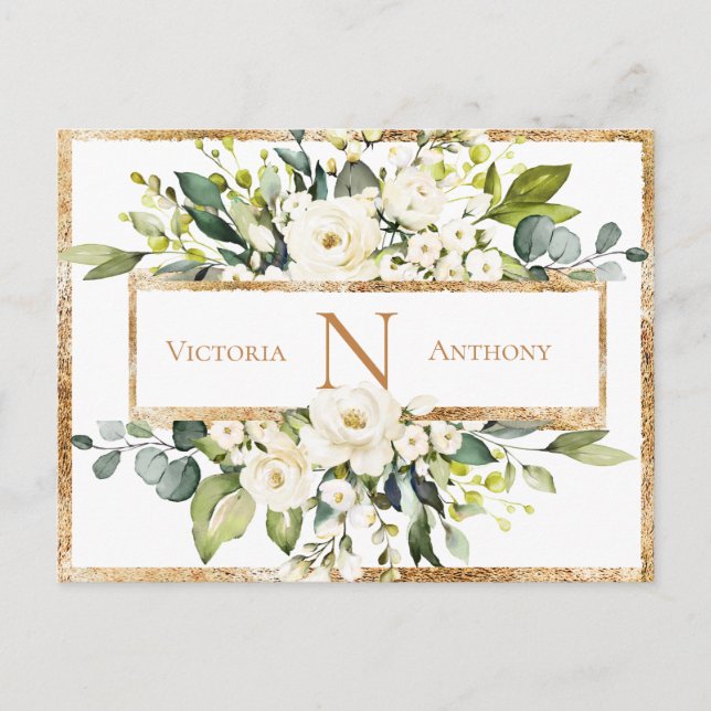 Goldweiße Monogram Blumengrün Save the Date Postkarte (Vorderseite)
