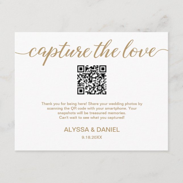 Goldweiße QR-Code Hochzeit Foto Sharing Begleitkarte (Vorderseite)