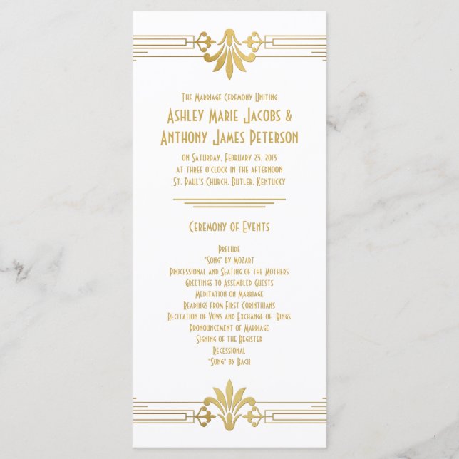 Goldweiße Roaring 20er Jahre Art Déco Hochzeitspro Programm (Vorderseite)