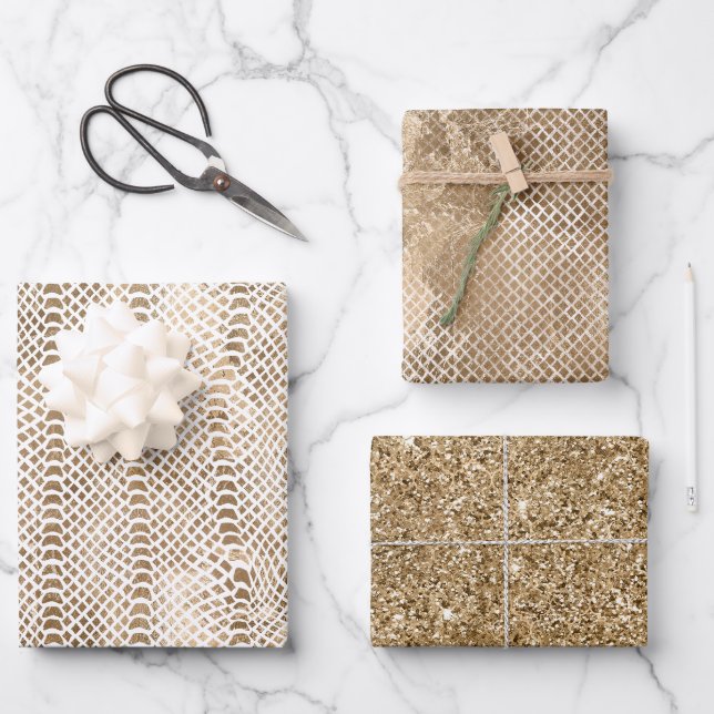 Goldweiße Schlange Print Geschenkpapier Set (Vorderseite)