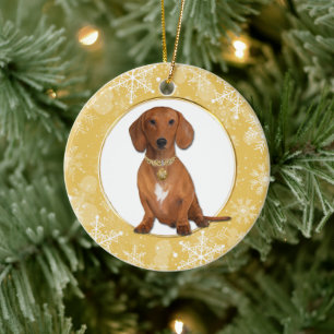 Goldweiße Schneeflocke-Grenz-Rote Dackel Keramik Ornament