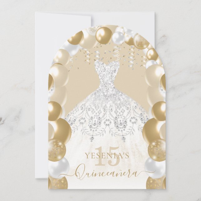 Goldweiße Sparkleider Quinceañera Ballon Einladung (Vorderseite)