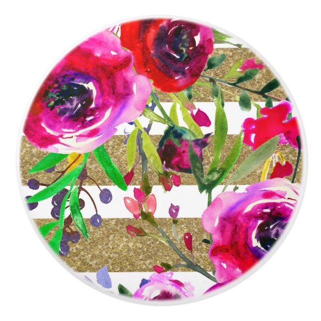 Goldweiße Streifen Bold Glam Floral Wasserfarbe Keramikknauf (Vorderseite)