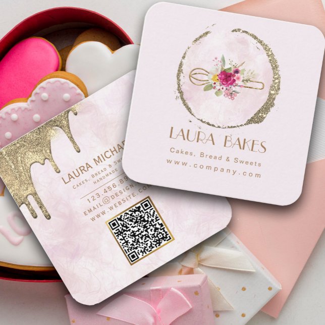 Goldweiße Wasserfarben Quadratische Visitenkarte (Gold Whisk Blush Watercolor Floral Square Business Card #cookingutensils #bakers #watercolor)