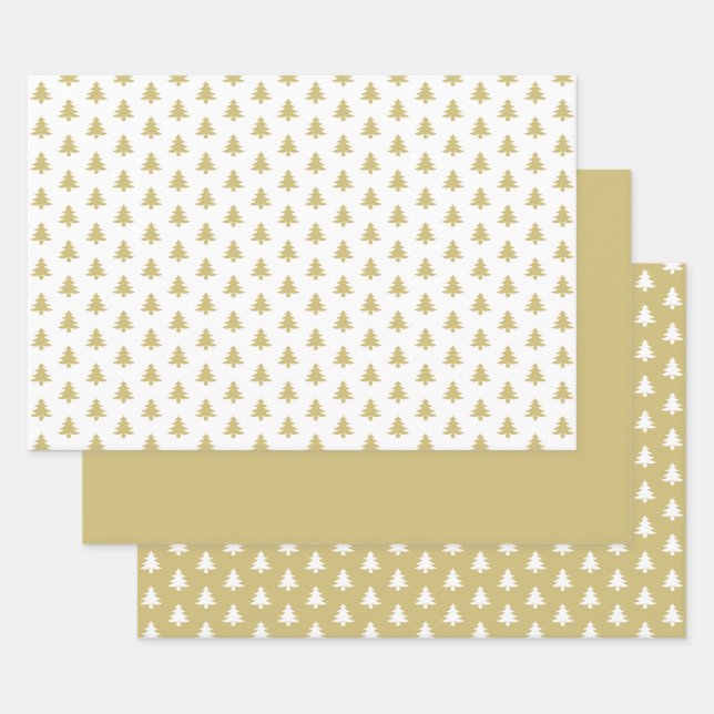 Goldweiße Weihnachtsbaume Ikonisches Muster Geschenkpapier Set (Set)