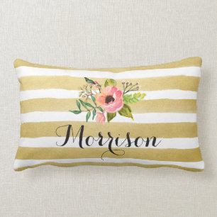 Goldweißes StreifenChicwatercolor-Blumen-Monogramm Lendenkissen