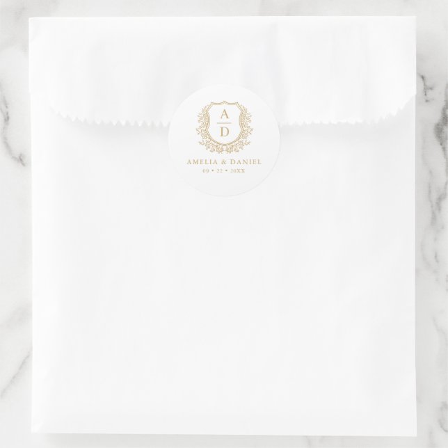 Goldweißes Wappen Moderne Monogramm Hochzeit Runder Aufkleber (Tasche)