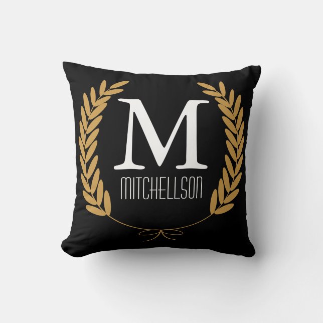 Goldwheat Laurels on Black - Personalisiert Kissen (Vorderseite)