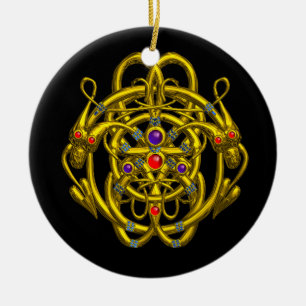 GOLDZELLTISCHE KNOTEN MIT ZWEI DRAGONEN KERAMIKORNAMENT