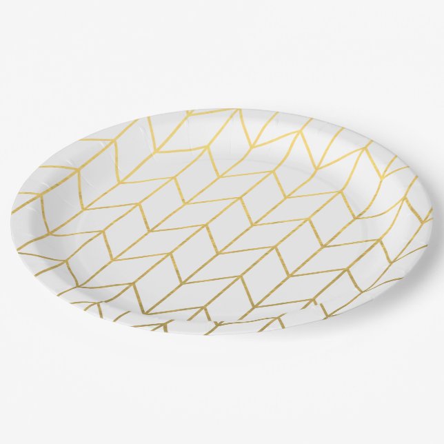 GoldZickzack weißer Hintergrundmoderner Chic Pappteller (Schrägansicht)