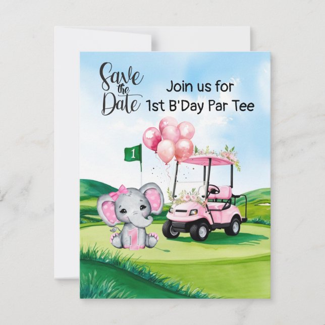Golf 1. Geburtstag Einladung - Pink Golf Cart (Vorderseite)