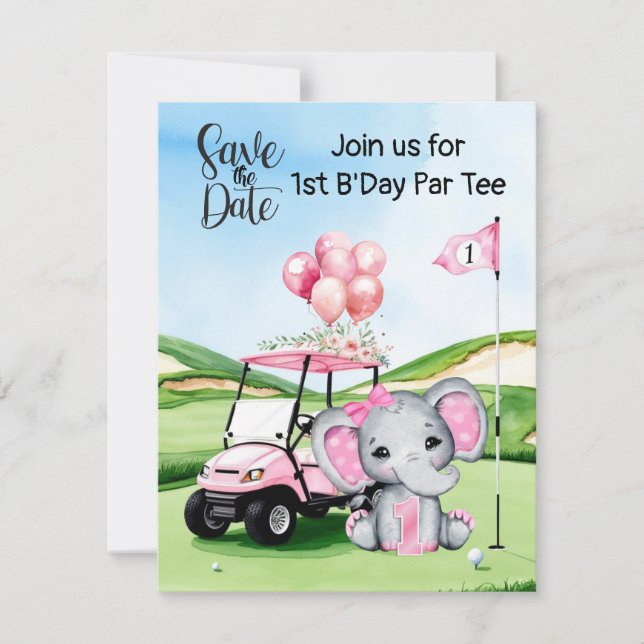Golf 1. Geburtstag Einladung - Pink Golf Cart (Vorderseite)