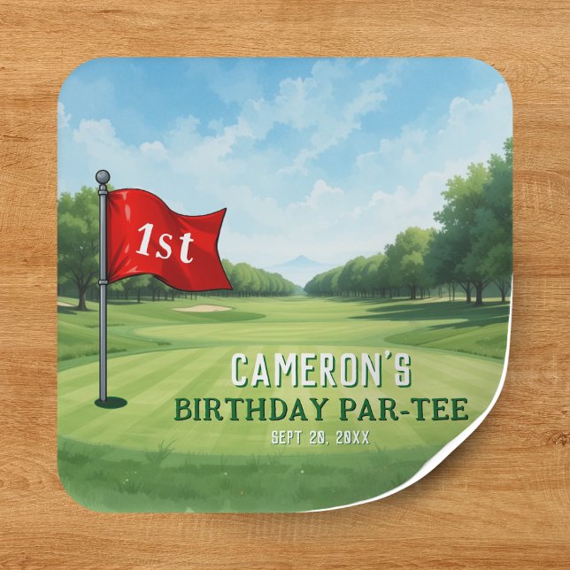 Golf 1 Geburtstag Party in einem Quadratischer Aufkleber (Golf 1st Birthday Party Hole In One Square Sticker
)