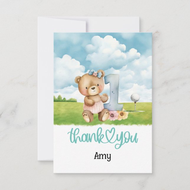 Golf 1. Geburtstag Teddy Bear Golfplatz Dankeskarte (Vorderseite)