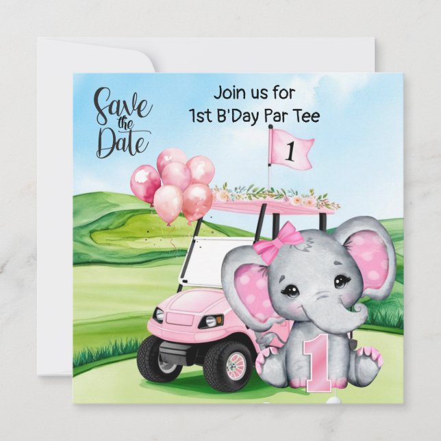 Golf 1er Anniversaire Invitation - Pink Golf Cart (Devant)