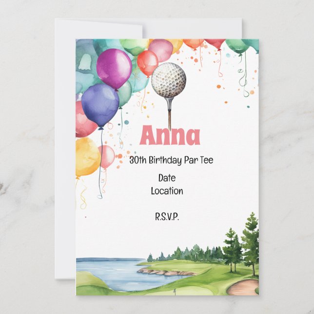 Golf 30. Geburtstag Par Tee mit Ballon Einladung (Vorderseite)