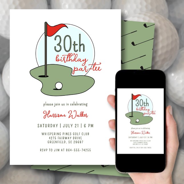 Golf 30th Birthday Party Hand Drawn Modern Green Einladung (Von Creator hochgeladen)