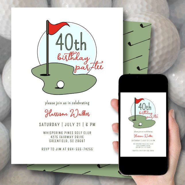 Golf 40th Birthday Party Hand Drawn Modern Green Einladung (Von Creator hochgeladen)