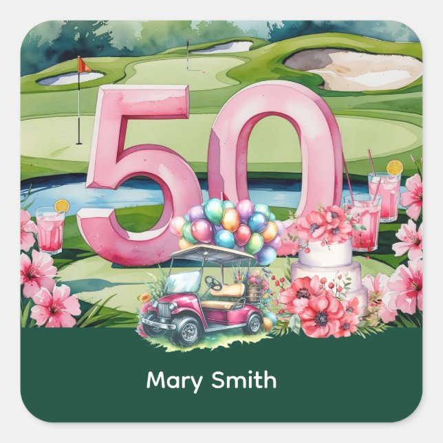 Golf 50. Geburtstag mit 50 Quadratischer Aufkleber (Vorderseite)