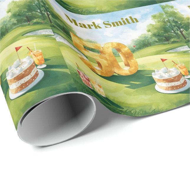 Golf 50th Birthday for golfer with cake and number Geschenkpapier (Rolleneckpunkt)