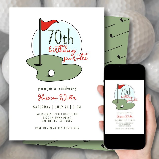 Golf 70th Birthday Party Hand Drawn Modern Green Einladung (Von Creator hochgeladen)