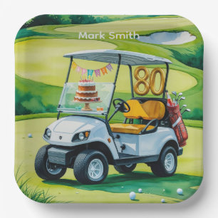 Golf 80. Geburtstag mit Golfwagen auf Grün Pappteller