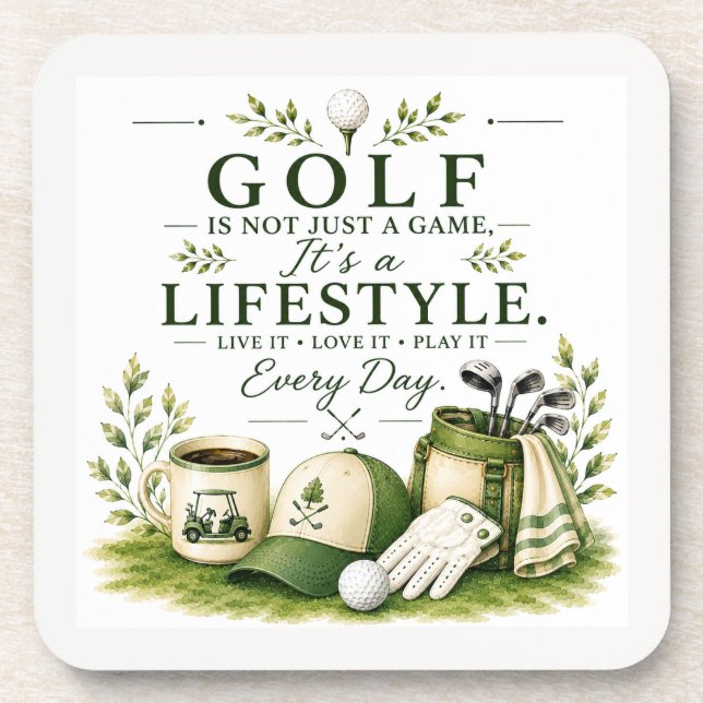 Golf-Ausrüstung mit Text auf Grün Getränkeuntersetzer (Vorderseite)