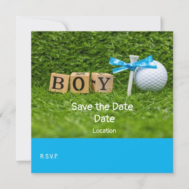 Golf Baby Duschboy mit blauem Band auf grün Einladung (Vorderseite)